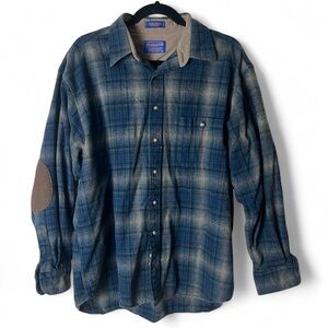 Pendleton - Men's 100% Wool Plaid Trail Shirt Blue Tan Elbow Patches - Sz. M‎